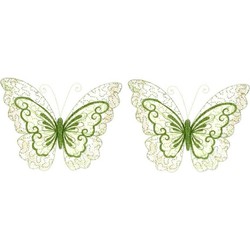 Set van 2x stuks groene decoratie vlinders glitters op clip 34 cm - Kersthangers