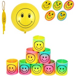 30 STUKS - MIX Vrolijke Traktatie - Uitdeel Kado Inhoud: 10x Smiley Bounce Ballon - 10x Smiley Traplopers - 10x Smiley Tollen