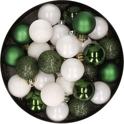 28x stuks kunststof kerstballen donkergroen en wit mix 3 cm - Kerstbal