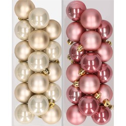 32x stuks kunststof kerstballen mix van champagne en oudroze 4 cm - Kerstbal