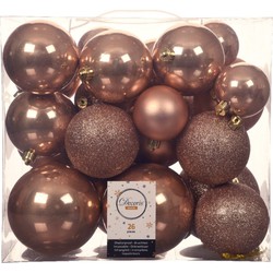 Decoris Kerstballen - 26x st - kunststof - toffee bruin - 6-8-10 cm - Kerstbal