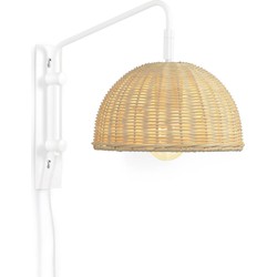 Kave Home - Wandlamp Damila in metaal wit en rotan met natuurlijke finish