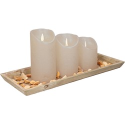 Houten dienblad met 3 LED kaarsen in de kleur taupe 39 x 15 cm - LED kaarsen