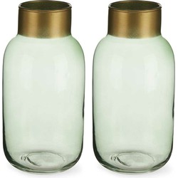 Bloemenvazen 2x stuks - luxe decoratie glas - groen/goud - 14 x 30 cm - Vazen