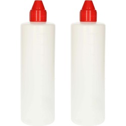 Plasticforte Doseerfles/sausfles - 2x - kunststof - transparant - met schenktuit - 500 ml - 22 cm - Maatbekers