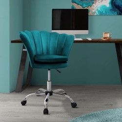 Bureaustoel met wielen en rugleuning schelpdesign 68x68 cm petrol fluweel metalen frame ML design
