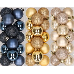 42x stuks kleine kunststof kerstballen goud, champagne en donkerblauw 3 cm - Kerstbal