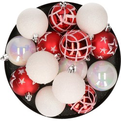15x stuks kerstballen mix wit/rood gedecoreerd kunststof 5 cm - Kerstbal
