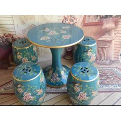 Fine Asianliving Ceramic Garden Stool Table Set Blue Flowers Handmade