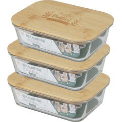 Bambou & Co Voedsel bewaarbakje/vershoudbakje - 3x - bamboe deksel - 1000 ml - ovenbestendig glas - Vershoudbakjes