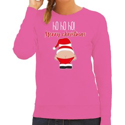 Bellatio Decorations foute kersttrui/sweater dames - Kerstman - roze - Merry Christmas XL - kerst truien