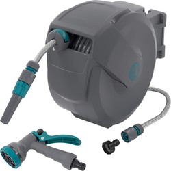 Slanghaspel 15m+1,5m Slanghaspel Aan de muur gemonteerde slangbox RollUp met vergrendeling en 9 sproeifuncties 180° draaibaar