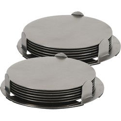 Onderzetters - 12x st - zilver - D8,5 cm - RVS - met houder - Glazenonderzetters