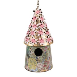 Clayre & Eef Vogelhuis Ø 17x33/70 cm Roze IJzer Rond Vogelhuisje Hangend