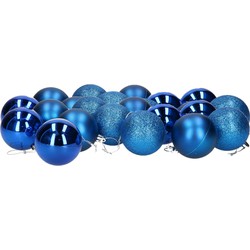 24x stuks kerstballen blauw mix van mat/glans/glitter kunststof 6 cm - Kerstbal
