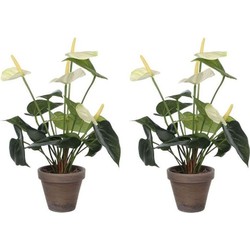 2x Kunstplanten anthurium wit flamingoplant in pot 27 cm - Kunstplanten
