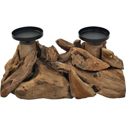 Kaarsenhouder op voet dubbel - 32x18x14 - Naturel/zwart - Drijfhout/metaal