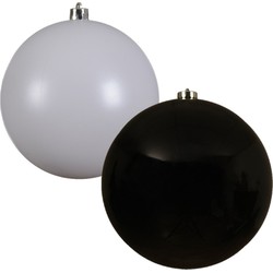 2x stuks grote kerstballen van 20 cm glans van kunststof wit en zwart - Kerstbal