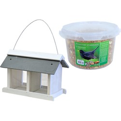 Vogelhuisje/voedersilo met twee vakken hout/leisteen 31 cm inclusief 4-seizoenen mueslimix vogelvoer - Vogelhuisjes
