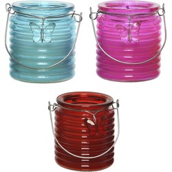 Citronella kaars - in windlicht - 3x - blauw/roze en rood - 20 branduren - citrusgeur - geurkaarsen