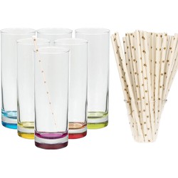 Set van 6x longdrinkglazen en 100x duurzame rietjes papier - 310 ml - Longdrinkglazen