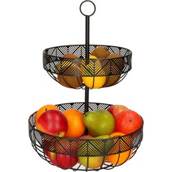 Dubbele etagere fruitschaal/fruitmand rond zwart metaal 30 x 42 cm - Fruitschalen