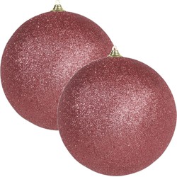 2x Grote koraal rode kerstballen met glitter kunststof 18 cm - Kerstbal