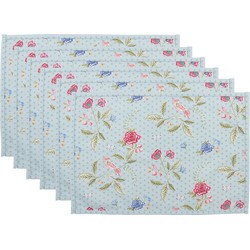 Clayre & Eef Placemats Set van 6  48x33 cm Blauw Groen Katoen Rechthoek Bloemen Tafelmat