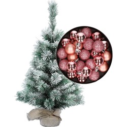 Besneeuwde mini kerstboom/kunst kerstboom 35 cm met kerstballen roze - Kunstkerstboom