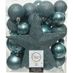 Decoris kerstballen - 34-dlg - ijsblauw - kunststof - kerstversiering - Kerstbal