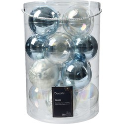 Kerstbal glas d8 cm blauw/wit 16st