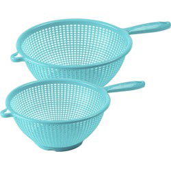 PlasticForte Keuken vergieten/zeef met steel - 2x stuks - kunststof - Dia 22/24 cm - blauw - Vergieten