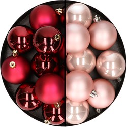 24x stuks kunststof kerstballen mix van donkerrood en lichtroze 6 cm - Kerstbal