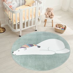 Tapijtenloods Vloerkleed Beer Rond Laagpolig Anime Kids Groen Creme- 160 CM ROND