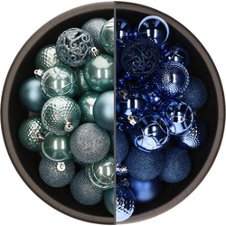 74x stuks kunststof kerstballen mix van kobalt blauw en ijsblauw 6 cm - Kerstbal