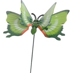 Groene metalen tuindecoratie vlinder op stok 17 x 60 cm - Tuinbeelden