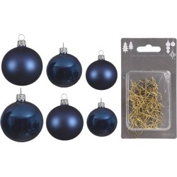 Groot pakket glazen kerstballen 50x donkerblauw glans/mat 4-6-8 cm incl haakjes - Kerstbal