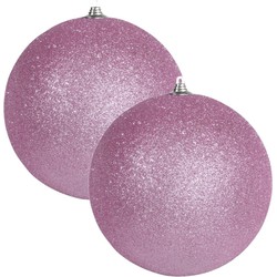 2x Roze grote kerstballen met glitter kunststof 13,5 cm - Kerstbal