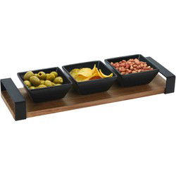 Excellent Houseware serveerplank - acacia hout - 3 schaaltjes - 32 x 10 cm - aardewerk - Serveerplanken