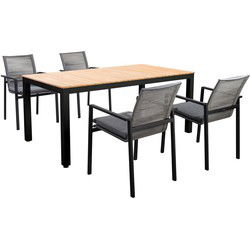 Tuinset Arashi tafel dark grey, teak 169x90 cm met 4 stoelen Vedella stoel dark grey, rope dark grey inclusief kussens