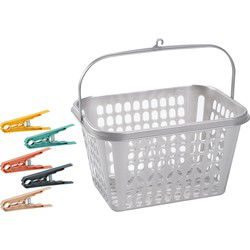 Wasknijper mandje/bakje - zilver - inclusief 48x wasknijpers - kunststof - knijperszakken