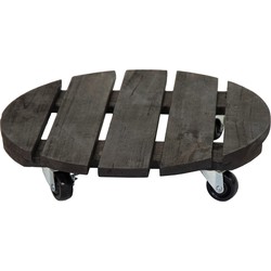 Mega Collections Plantenpot trolley - acacia hout - antraciet - rond - 30 x 30 cm - max 50 kilo - Planten onderzetter