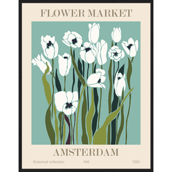 Any Image Print 'Flower Market Amsterdam' - Schilderij - Wanddecoratie - Inclusief beukenhouten lijst - Poster - 73x93cm - Zwarte lijst met Passe Partout