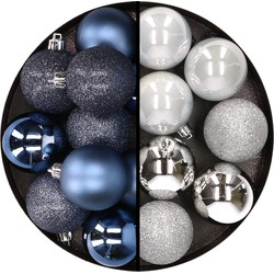 24x stuks kunststof kerstballen mix van donkerblauw en zilver 6 cm - Kerstbal