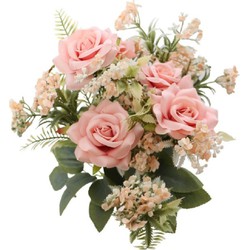Chaks Rozen kunstbloemen boeket - 5x - licht roze - H41 cm - Kunstbloemen