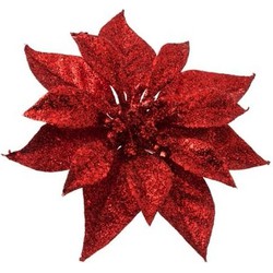 1x Kerstboomversiering bloem op clip rode kerstster 18 cm - Kersthangers