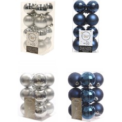 Kerstversiering kunststof kerstballen mix donkerblauw/zilver 4 en 6 cm pakket van 80x stuks - Kerstbal