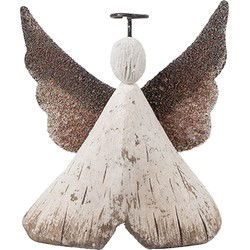 Clayre & Eef Decoratie Beeld Engel Wit Bruin Hout