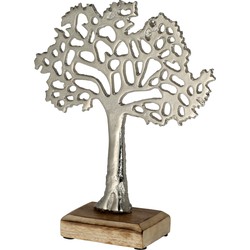 Decoratie levensboom van aluminium op houten voet 30 cm zilver - Beeldjes