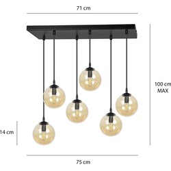 Glostrup brede zwarte 6 lamp hanglamp met amber gekleurd glas voor E14 lampen